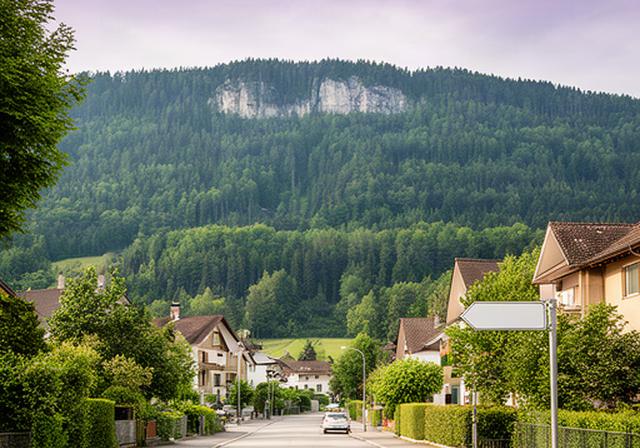 Ruhige Strasse in Grenchen mit Wegweiser und bewaldetem Jura-Hang im Hintergrund